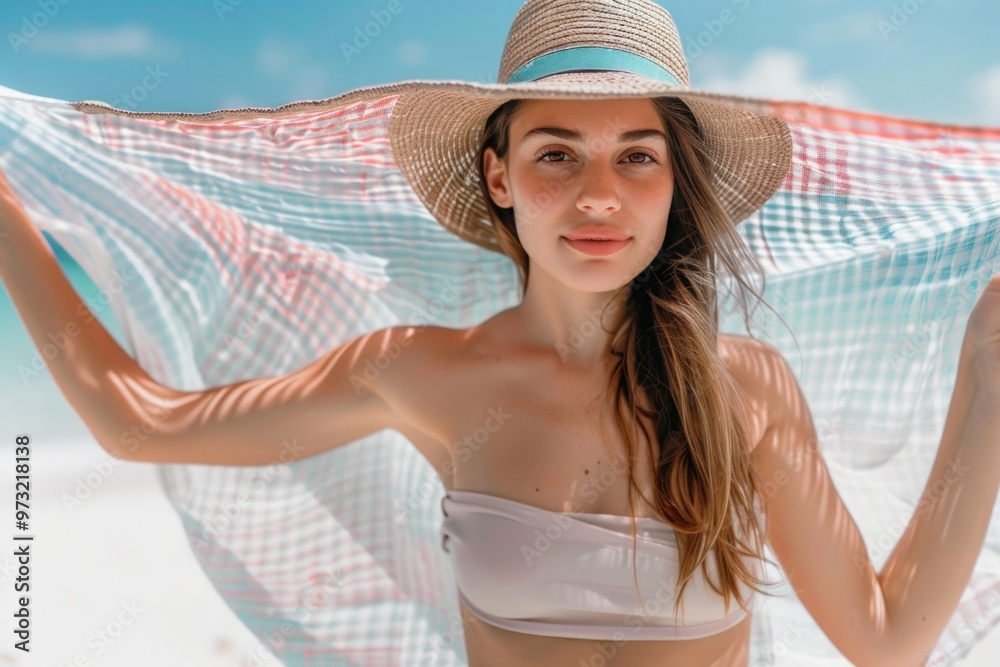 Sticker A woman wearing a white bikini and straw hat relaxing on the beach