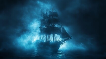 Ghost Ship Sailing Through Fog at Night