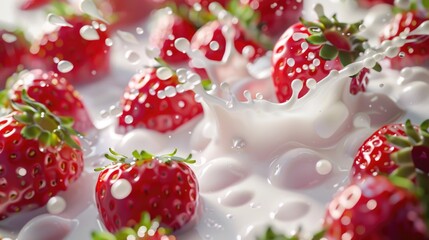 A bowl of fresh strawberries being poured with milk, ideal for breakfast or dessert