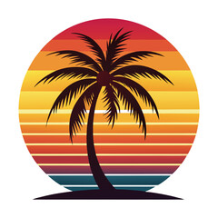 Retro vintage tropical island with sunset and palm trees flat color logo style vector graphic design