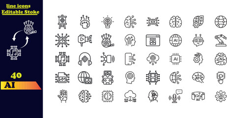 Editable stroke line icons for AI, featuring a thin icon set that includes machine learning, brain, AI, head, machine, technology, AI chat, and more.