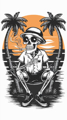 funny skeleton sits on the beach on a hammock summer illustration