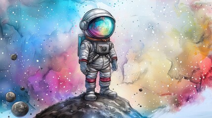 Fototapeta premium Astronaut in a visor helmet on an asteroid with shimmering galaxies and stars, painted in soft pastel watercolor hues.
