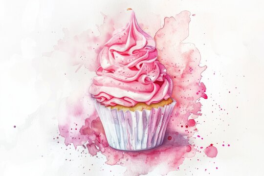 Delicate watercolor design of a cupcake with pink frosting, great for bakery or food-themed illustrations