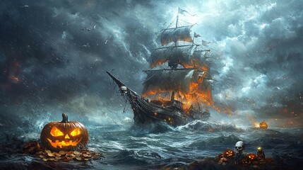Pirate-themed Halloween card, spooky pirate ship on stormy seas.