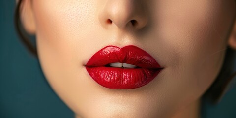 Obraz premium Beauty and glamour of a woman with lipstick kiss in studio, showcasing vibrant lips and radiant skin for skincare inspiration and aesthetic appeal on a special occasion