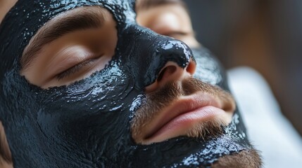 Young man relaxes during a facial treatment with charcoal mask at a spa on a calm afternoon in a serene environment