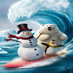 cheerful penguin, polar bear and snowman are surfing summer illustration