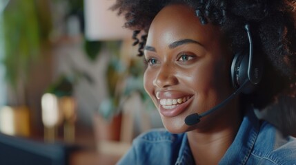 Joyful woman working in a call center for customer service, providing support and consultation in a tech environment