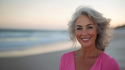 Elegant senior woman with silver hair on beach at sunset – perfect for spring portrait designs