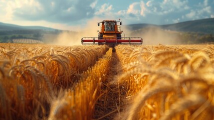 Fototapeta premium Harvested Wheat Field from Above: Aerial Shot of Crane Rotating