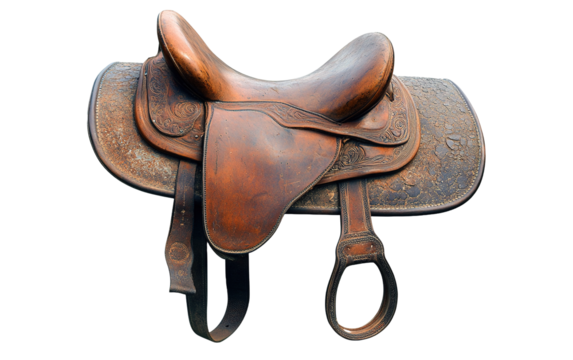 Brown leather horse saddle isolated on white or transparent background