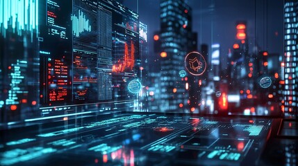 A modern financial dashboard interface displayed on a futuristic technology background, featuring elements like a car.