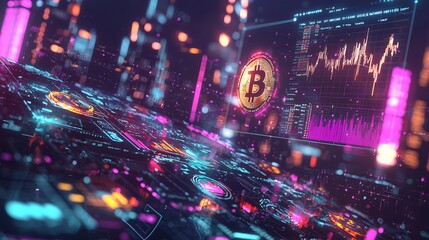 A high-tech financial dashboard interface showing dynamic data with a clock element, ideal for technology backgrounds.