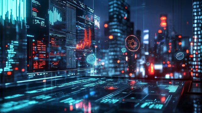 A modern financial dashboard interface displayed on a futuristic technology background, featuring elements like a car.