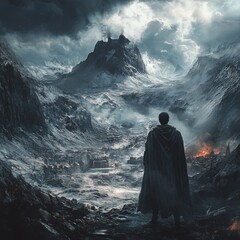 Naklejka premium Man in a Cape Standing Before a Burning City in a Mountainous Landscape