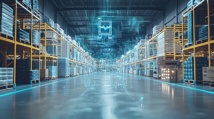 A high-tech warehouse interior showcasing digital blockchain technology in a futuristic setting.