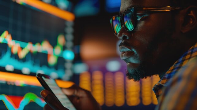 Businessman analyzing stock market data, investment insights, and cryptocurrency trends using a phone and computer