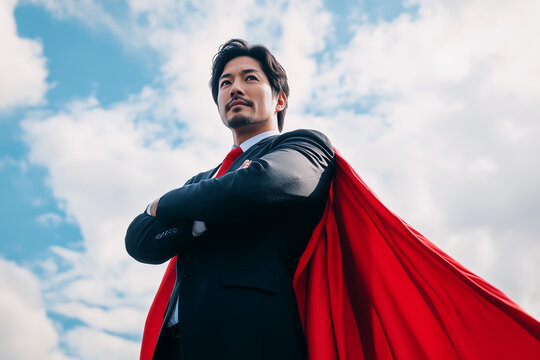 スーパーマンのようなビジネスマン, マント, 空, 腕組み