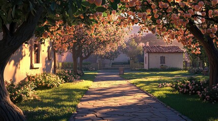 Obraz premium A rural court, framed by peach trees in the soft light of day, mixes animation and realism to create a perspective-rich illustration with warm, lively colors