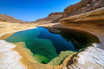 A mystical oasis with water that changes color, reflecting the moods of the desert and creating a constantly shifting landscape