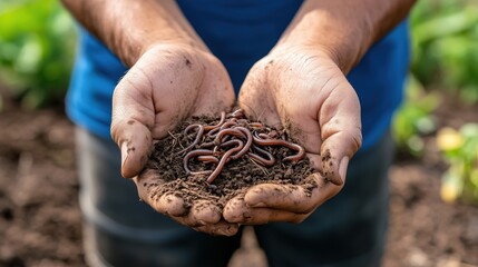Symbol of spring: earthworms in hands for sustainable gardening and soil health