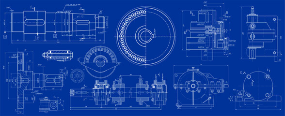 Vector engineering drawing of steel mechanical parts 
with through holes and dimension lines. Industrial 
cad scheme on paper sheet. Technology background.