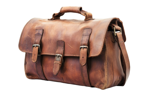 Brown leather mens bag isolated on white or transparent background