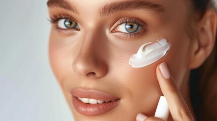 Woman applying facial cream to her cheek Close-up photo with clean background