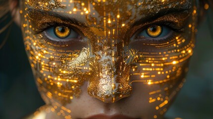 Futuristic Humanoid Face: Intricate Cybernetic & Biomechanical Design with Gold Metallic Tones and AI-Inspired Eyes