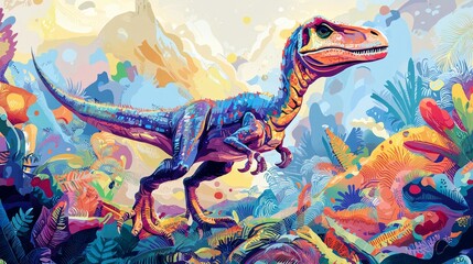 Obraz premium Vibrant Velociraptor in Prehistoric Jungle Illustration