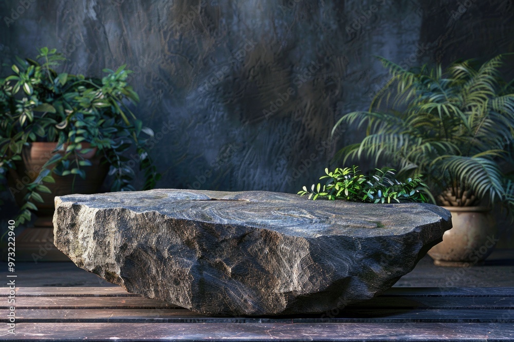 Poster a large rock sits atop a wooden table, perfect for decorative use or as a unique display piece