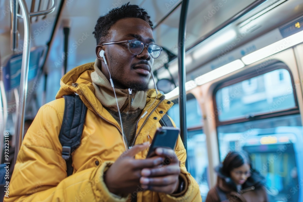 Poster a person sitting on a bus wearing a yellow jacket and earphones, possibly commuting to work or liste