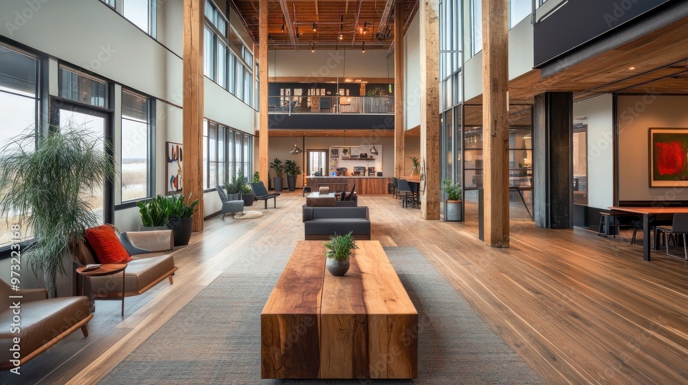 Poster Modern Office Lobby with Large Windows and Wooden Beams