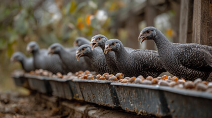 Obraz premium Guinea fowls are eating from a feeder on a farm. These farms raise guinea fowls for their eggs.
