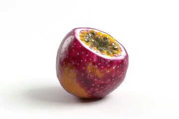 Fototapeta premium A fresh passion fruit cut in half, revealing its juicy interior
