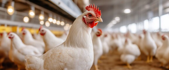 Large chicken farm with white chickens in a spacious barn setting for agricultural and farming concepts, panoramic banner