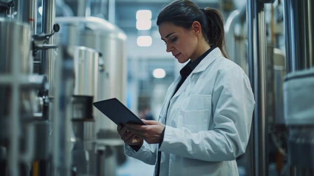 Female Technician Inspecting Machinery in Modern Brewery