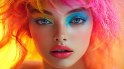 Fototapeta premium A portrait of a person with vivid, neon-colored makeup and hair, surrounded by a backdrop of bright, contrasting colors to create a striking and modern look