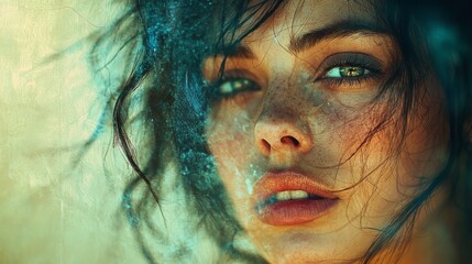 A portrait with a grainy gradient overlay, shifting from warm tones at the top to cooler tones at the bottom, creating a unique and artistic effect