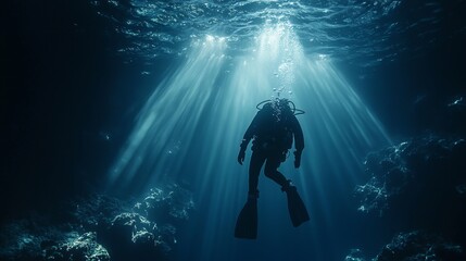 Underwater Diver Exploring Ocean Depths with Sunlight Streaming Through Water