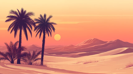 Calm desert view with palm trees. Sahara Desert. Illustration