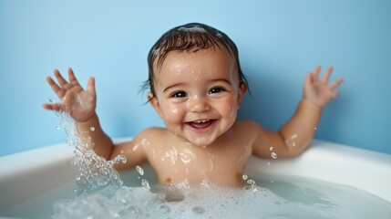 Joyful baby in bathtub surrounded by bubbles &ndash; perfect for springtime family themes