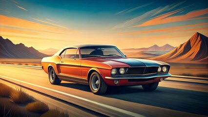 Classic muscle car cruising on an open road with a desert backdrop and sunset colors
