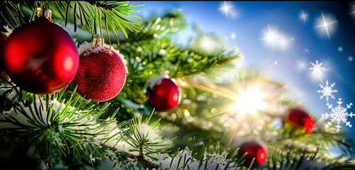 Christmas background with red balls on a fir branch and snowflakes on a blurred bokeh background. Greeting card template with copy space.