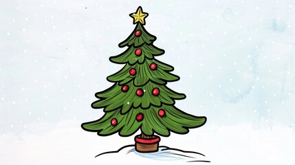 Fototapeta premium Festive Christmas Tree Illustration on Snowy Background