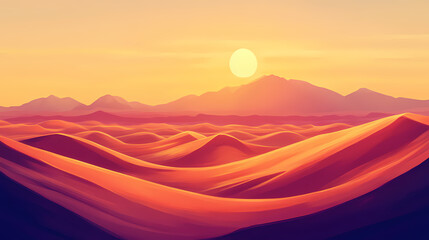 A desert landscape is captured at sunset, featuring sand dunes in the foreground and a distant mountain range. Sahara Desert. Illustration