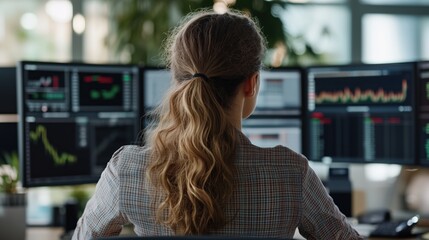 Female stock trader analyzing market data in modern office for financial insights and investment strategy design