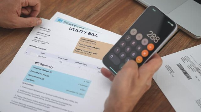 Mature man examining utility bills summarizing overall expenses, aged man financial specialist conducts detailed analysis of household expenditures calculating slow motion