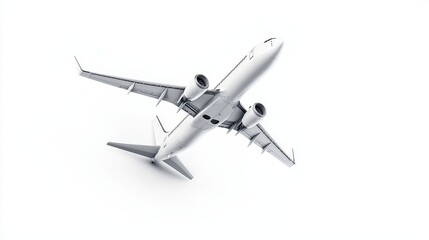 Design a photorealistic 3D rendering of a high-angle view of a jetliner taking off, showcasing its dynamic perspective and scale